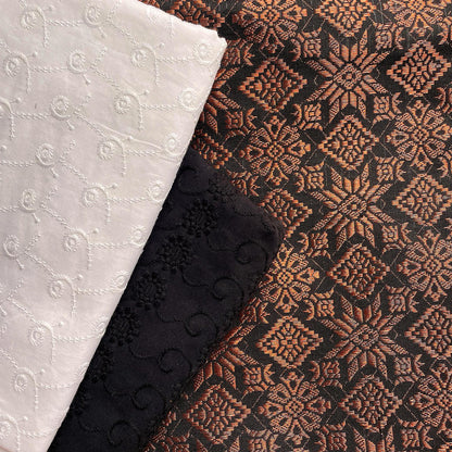 Black and White Cotton Eyelet with Metallic Songket